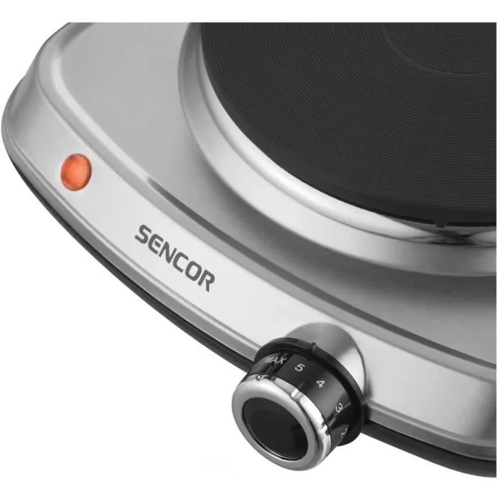 Sencor SCP 1506SS Plaque chauffante portable 1500 W - Thermostat réglable, diamètre 18 cm, surface inox, pieds antidérapants, sécurité surchauffe