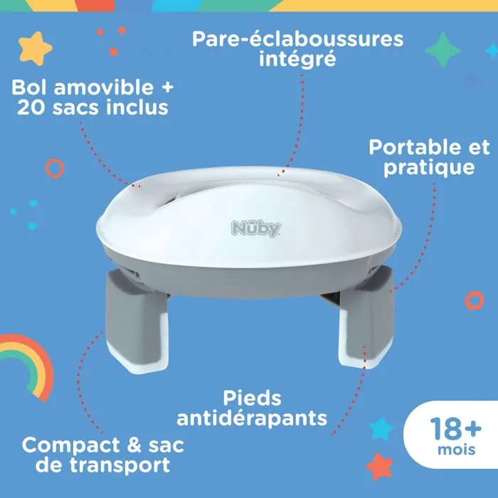 Nuby - Pot de Voyage Portable pour Tout-Petits avec Sac de Rangement, Apprentissage de la Propreté, Siège Réducteur, Protection Anti-Éclaboussures, Léger et Compact - Gris/Blanc