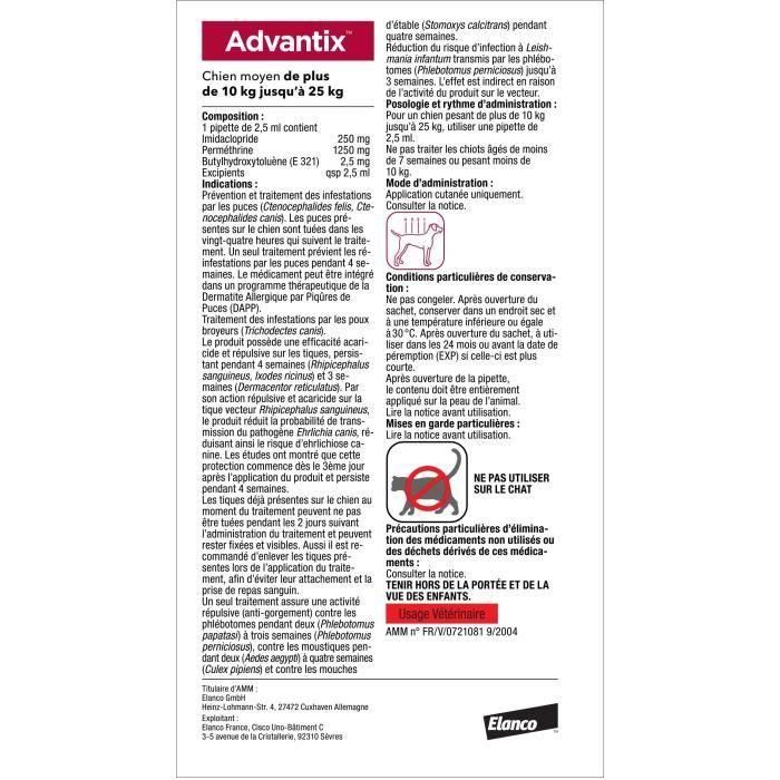 ADVANTIX Chien Solution Antiparasitaire Race Moyenne 10 a 25kg 6 pipettes 1