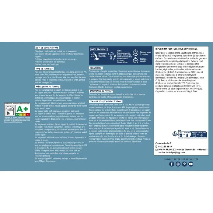 Ripolin Peinture multi-supports Mat, 2L, RAL 5024 Bleu pastel - Pour bois, métal, béton, PVC - Résistante aux intempéries, UV, humidité et corrosion