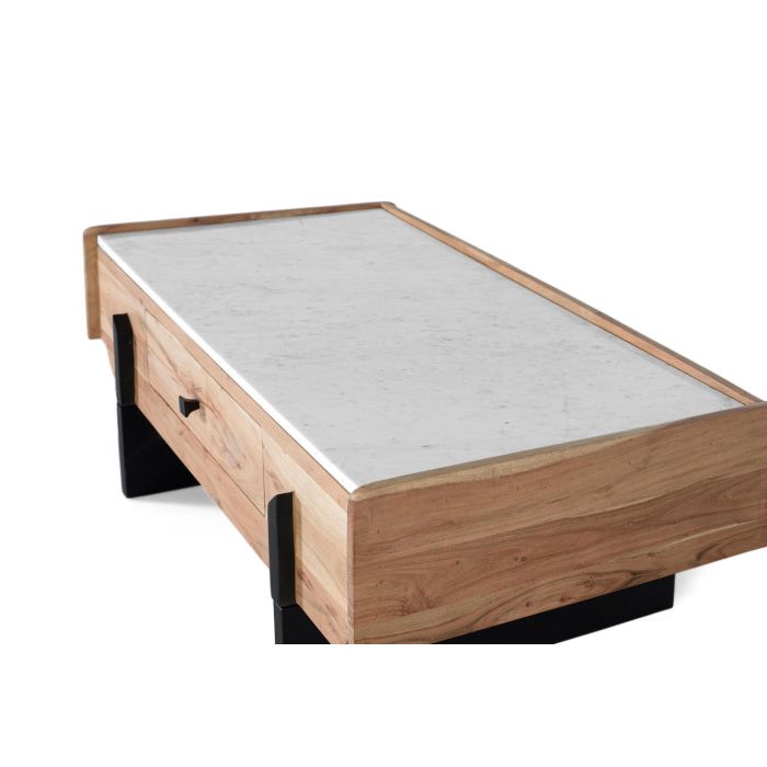 GINER Y COLOMER - Table basse en bois d'acacia massif et marbre blanc avec tiroir traversant et pieds métalliques noirs - Design moderne 3 GINER Y COLOMER - Table basse en bois d'acacia massif et marbre blanc avec tiroir traversant et pieds métalliques noirs - Design moderne 3