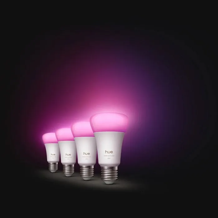Philips Hue - Pack de 4 ampoules LED connectées A60 E27 - Lumière blanche et colorée, 6W (810 lm) - Gradation complète et technologie Chromasync Philips Hue - Pack de 4 ampoules LED connectées A60 E27 - Lumière blanche et colorée, 6W (810 lm) - Gradation complète et technologie Chromasync