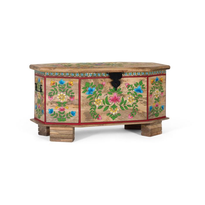 GINER Y COLOMER Coffre en bois de manguier peint à la main, coffre de rangement décoratif avec couvercle - Dimensions intérieures : 35 x 87 x 41 cm 1