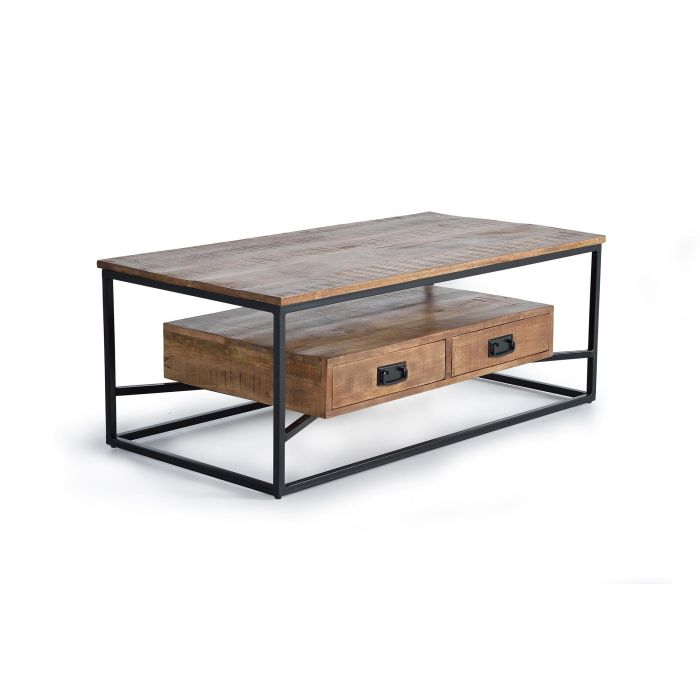 GINER Y COLOMER - Mesa de Centro - Table basse en bois de manguier et métal de style industriel avec 2 tiroirs - 120 x 60 x 45 cm - Coloris Naturel 0 GINER Y COLOMER - Mesa de Centro - Table basse en bois de manguier et métal de style industriel avec 2 tiroirs - 120 x 60 x 45 cm - Coloris Naturel 0
