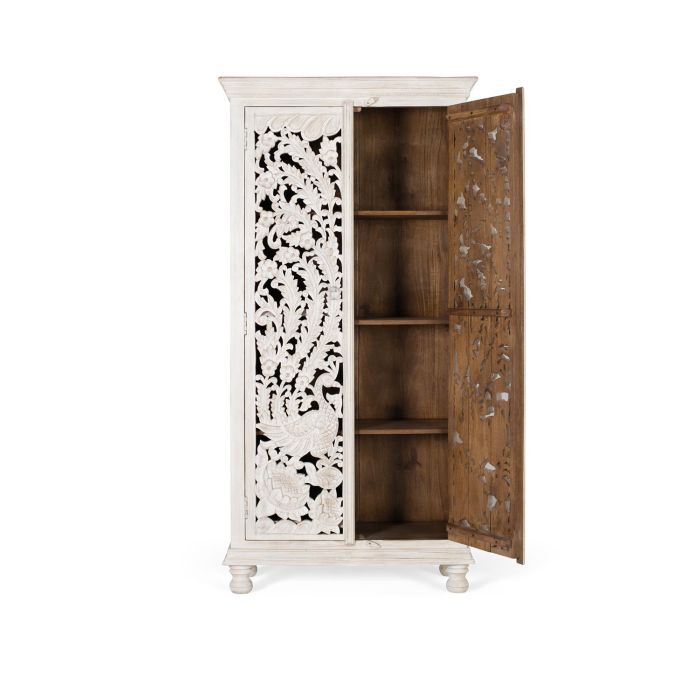 Giner y Colomer - Buffet en bois de manguier massif, finition blanc vieilli, portes sculptées main, 3 étagères - 180x90x40 cm 2