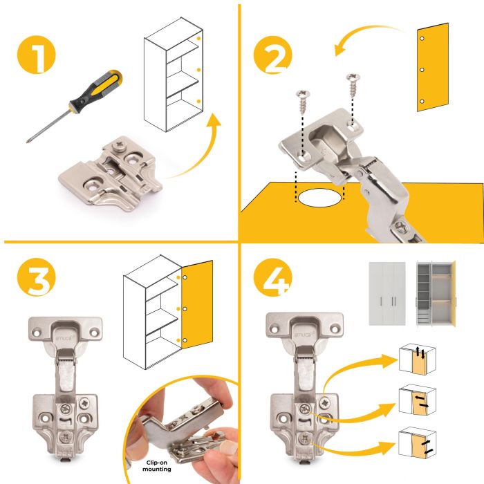 Emuca Lot de 20 charnières super coudées X92 avec fermeture amortie et embases à visser, Hauteur 0, Acier, Nickelé 7