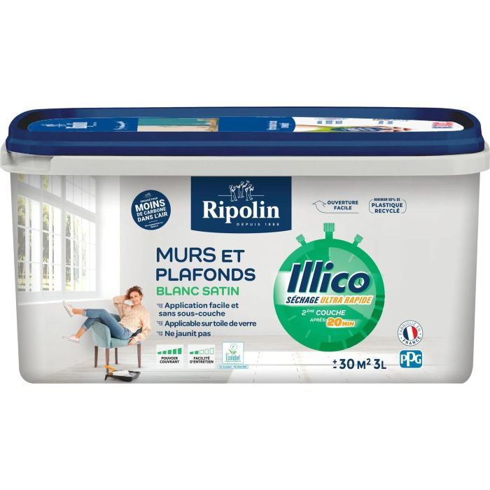 Ripolin - Peinture pour murs et plafonds, finition satinée, blanc, format 3 L, fabrication française Ripolin - Peinture pour murs et plafonds, finition satinée, blanc, format 3 L, fabrication française
