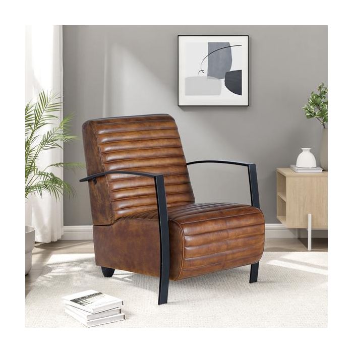 GINER Y COLOMER Fauteuil Style Industriel en Cuir Naturel Marron avec Structure Métal Noir - Dimensions 75x82x82 cm 5