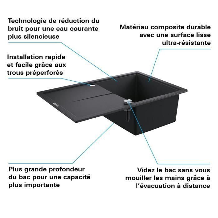 GROHE Evier composite avec égouttoir K400 780 x 500 mm Noir Granite 31639AP0 5