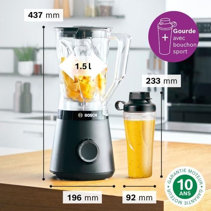 Bosch VitaPower MMB614GO - Mixeur Blender 1200 W, 2 vitesses + Turbo, Bol 2 L Tritan, 4 lames, 30 000 tr/min, Fonction gourde 650 ml incluse, Noir Bosch VitaPower MMB614GO - Mixeur Blender 1200 W, 2 vitesses + Turbo, Bol 2 L Tritan, 4 lames, 30 000 tr/min, Fonction gourde 650 ml incluse, Noir