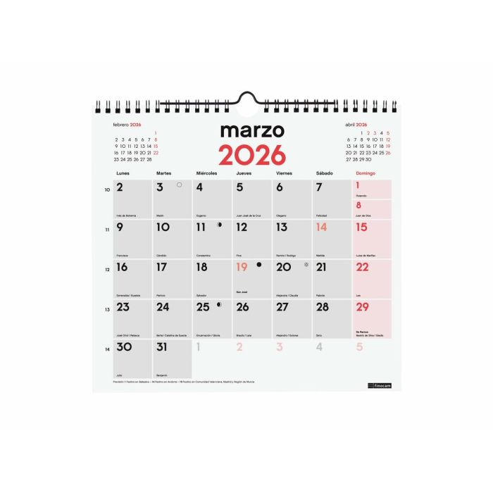 calendrier mural Finocam Papier 2026 26,5 x 24,5 cm 2