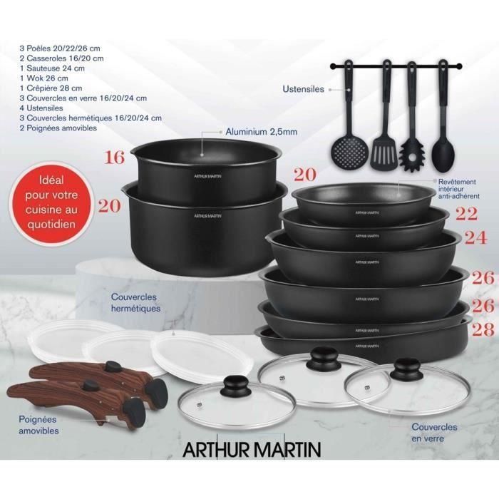 Batterie de cuisine - Tous feux dont induction - Arthur Martin - AM0530 - Aluminium - Anti-adhésif - 20 pieces - Poignée amovible 3