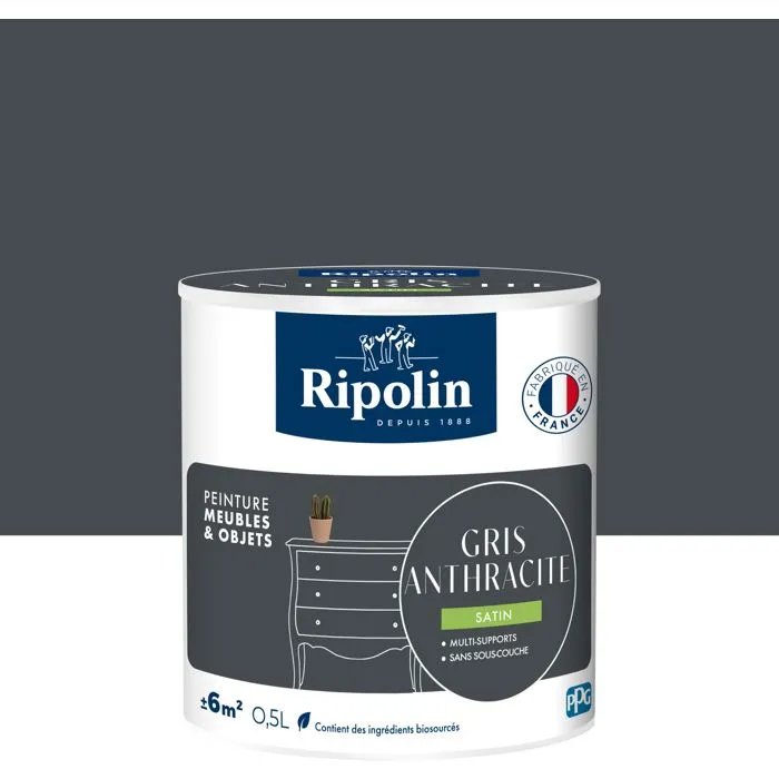 Ripolin Peinture Meubles & Objets, 0.5L, Gris Anthracite Satiné, pour Bois, Mélaminé, Stratifié, Métal, Intérieur/Extérieur, Sans Sous-Couche