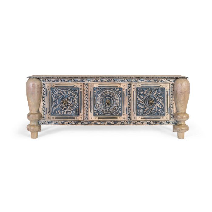 GINER Y COLOMER Buffet en teck massif sculpté à la main avec pieds tournés résistants, blanc et bleu - 1 porte 45x45cm 0 GINER Y COLOMER Buffet en teck massif sculpté à la main avec pieds tournés résistants, blanc et bleu - 1 porte 45x45cm 0