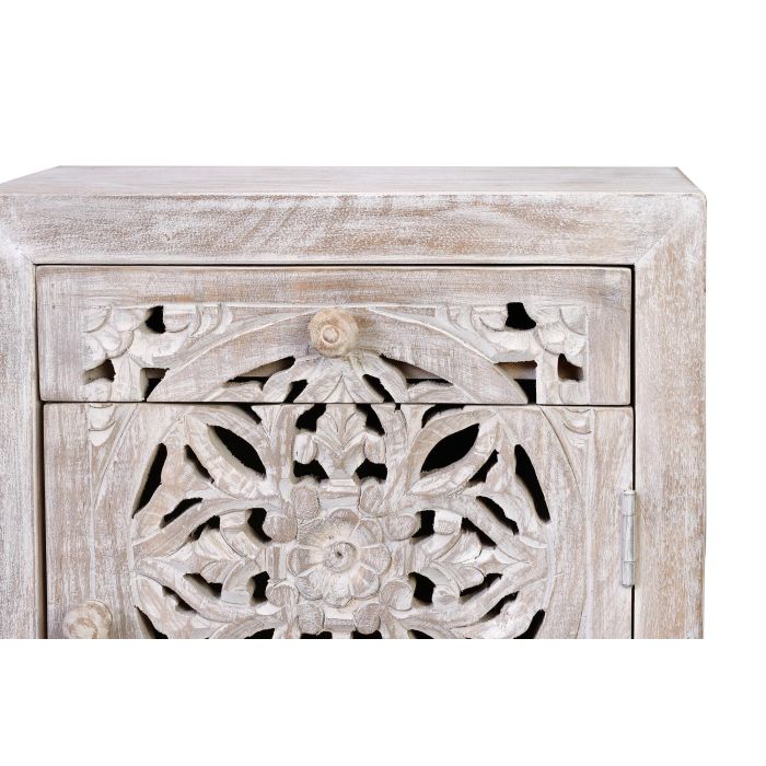 GINER Y COLOMER - Table de chevet ou table d'appoint avec 1 porte et 1 tiroir en bois de manguier massif et pieds métal, finition blanc vieilli et gris, 56 x 40 x 35 cm 3