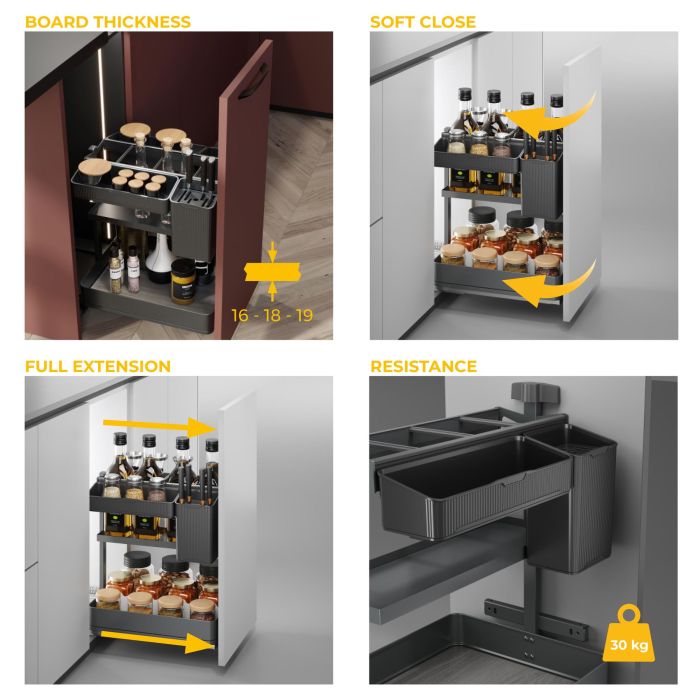 Emuca Chariot extractible avec paniers et accessoires Harmony avec fermeture à amortie, Module largeur 400mm hauteur 700mm, Acier et Bois, Gris anthracite 5