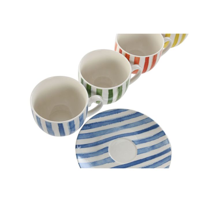 Jeu de 6 tasses avec plat Home ESPRIT Jaune Bleu Vert Corail Porcelaine Rayures méditerranéen 240 ml 1