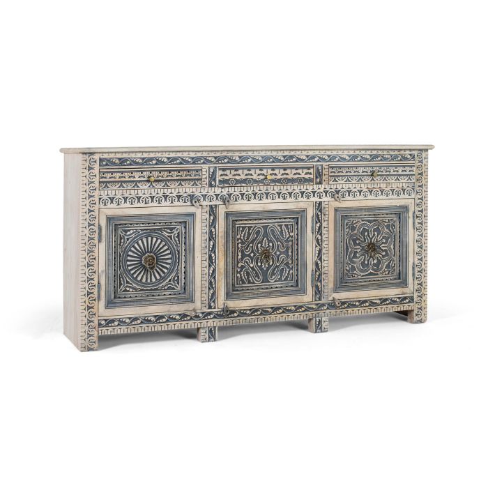 GINER Y COLOMER Buffet blanc et bleu avec 3 tiroirs et 4 portes en bois de manguier massif, finition lavée, artisanat sculpté, dimensions: 50 cm de large 2
