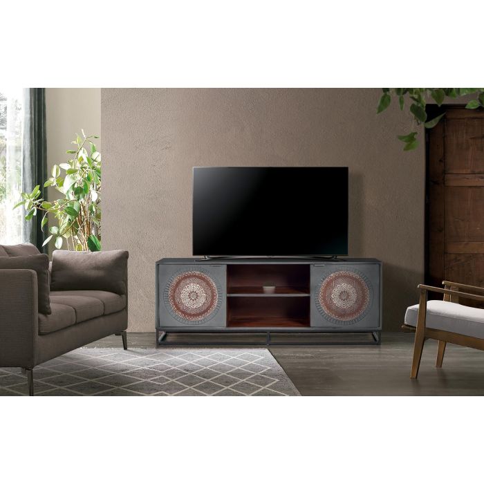 GINER Y COLOMER - Meuble TV en bois de manguier et métal, 2 portes, gris et marron, 150 x 55 x 40 cm 3 GINER Y COLOMER - Meuble TV en bois de manguier et métal, 2 portes, gris et marron, 150 x 55 x 40 cm 3