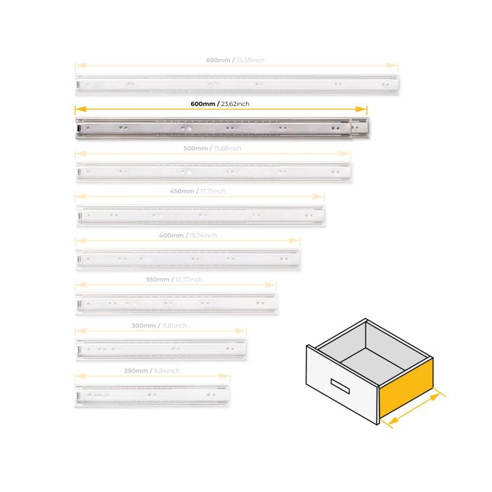 Emuca Jeu de coulisses à billes pour tiroir à sortie totale, hauteur 45mm, longueur 600mm, Acier, Zingué 6 Emuca Jeu de coulisses à billes pour tiroir à sortie totale, hauteur 45mm, longueur 600mm, Acier, Zingué 6