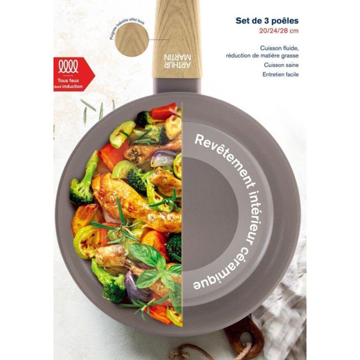 Set de 3 poeles - Tous feux dont induction - ARTHUR MARTIN - AM1052 - Revetement céramique - Ø 20-24-28 cm - Taupe 2