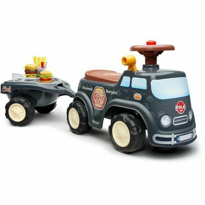 Falk Food Truck Porteur avec Siège Rabattable, Volant Klaxon, Remorque & Accessoires pour Enfants dès 12 mois, Fabrication Française