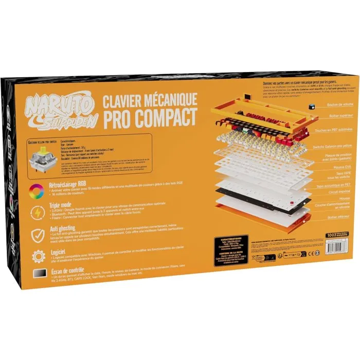 Clavier Mécanique Konix Naruto Shippuden Édition Pro Collector Numérotée - AZERTY - Switch Gateron Yellow Pro - RGB - Bluetooth / 2.4 GHz / USB - Rétroéclairage LED