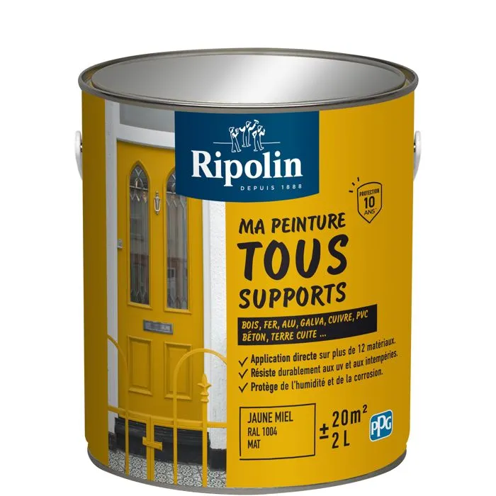 Ripolin - Peinture Multi-Supports Jaune Miel RAL 1004 Mat, 2 Litres - Bois, Fer, Béton, PVC, Résiste aux UV et Intempéries Ripolin - Peinture Multi-Supports Jaune Miel RAL 1004 Mat, 2 Litres - Bois, Fer, Béton, PVC, Résiste aux UV et Intempéries
