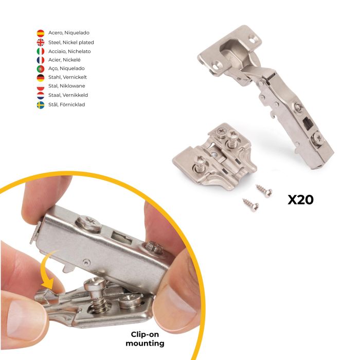 Emuca Lot de 20 charnières droites X91 avec fermeture amortie et embases euro, hauteur 0, acier, nickelé 2 Emuca Lot de 20 charnières droites X91 avec fermeture amortie et embases euro, hauteur 0, acier, nickelé 2