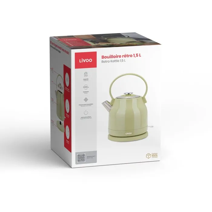 Livoo DOD202M Bouilloire électrique 2200 W 1.5 L - Socle 360° - Design rétro vert matcha Livoo DOD202M Bouilloire électrique 2200 W 1.5 L - Socle 360° - Design rétro vert matcha