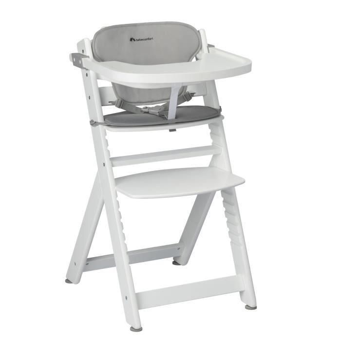 BEBECONFORT TIMBA + coussin Chaise haute bébé, Chaise bois évolutive, de 6 mois a 99 ans, Chaise White et coussin gray 2