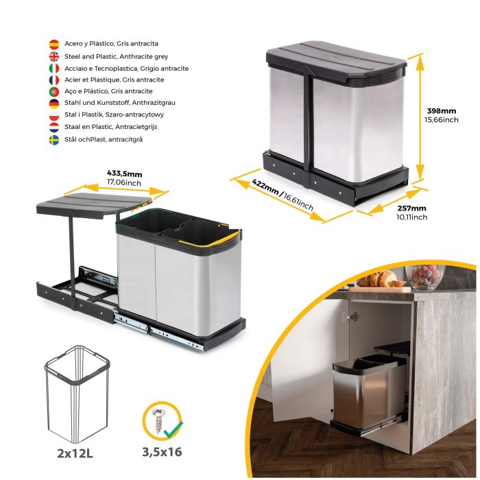 Emuca Bac à recyclage pour montage inférieur et extraction manuelle/automatique dans les éléments de cuisine, Inox 2x12 litres plastique et acier inoxydable. 6