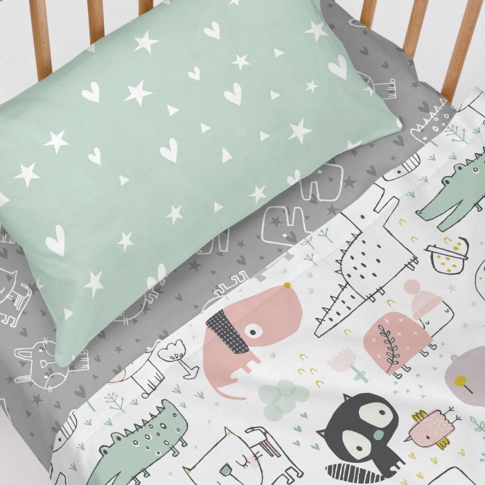 Drap housse HappyFriday MOSHI MOSHI Gris Multicouleur 70 x 140 x 14 cm animaux