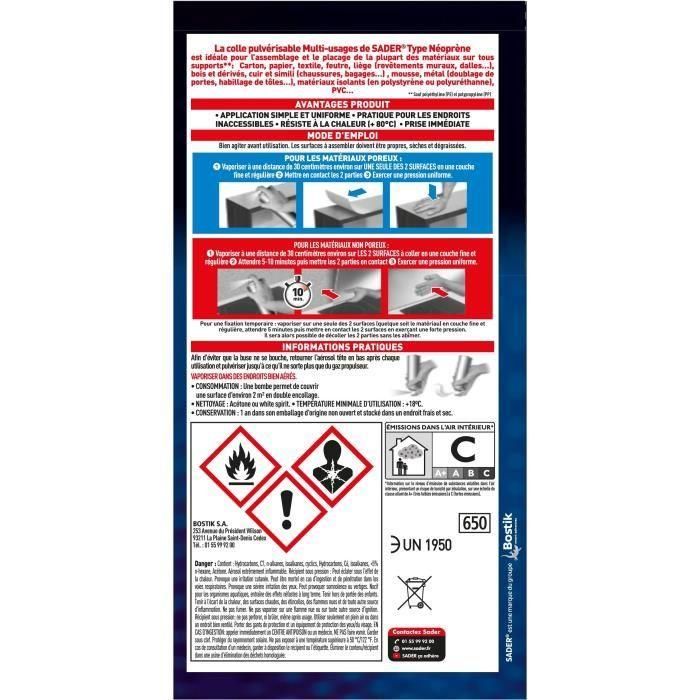 Colle aérosol néoprene multi-usages - SADER - Extra forte - Tous matériaux - Prise immédiate - Bombe 500 ml 5