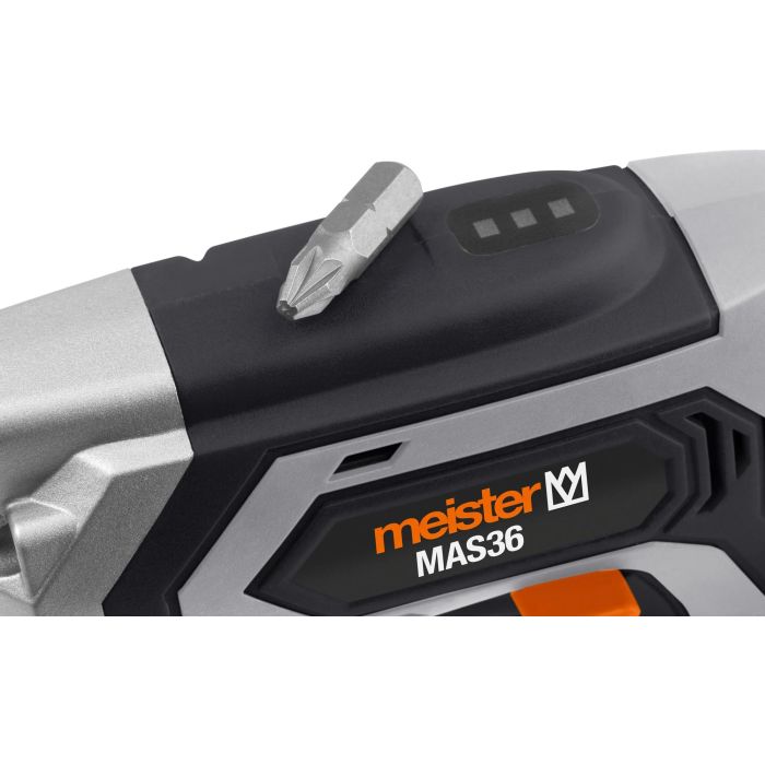 Meister MAS36 Visseuse sans fil 3,6V avec batterie Li-ion 2,0 Ah, couple 5 Nm, vitesse 220 tours/min, éclairage LED et grip confortable