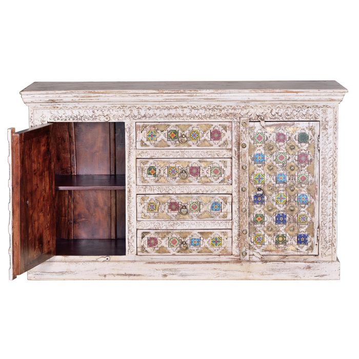 GINER Y COLOMER Buffet en bois de manguier avec détails en céramique et bronze, finition blanc vieilli, 150 x 45 x 95 cm 2 GINER Y COLOMER Buffet en bois de manguier avec détails en céramique et bronze, finition blanc vieilli, 150 x 45 x 95 cm 2