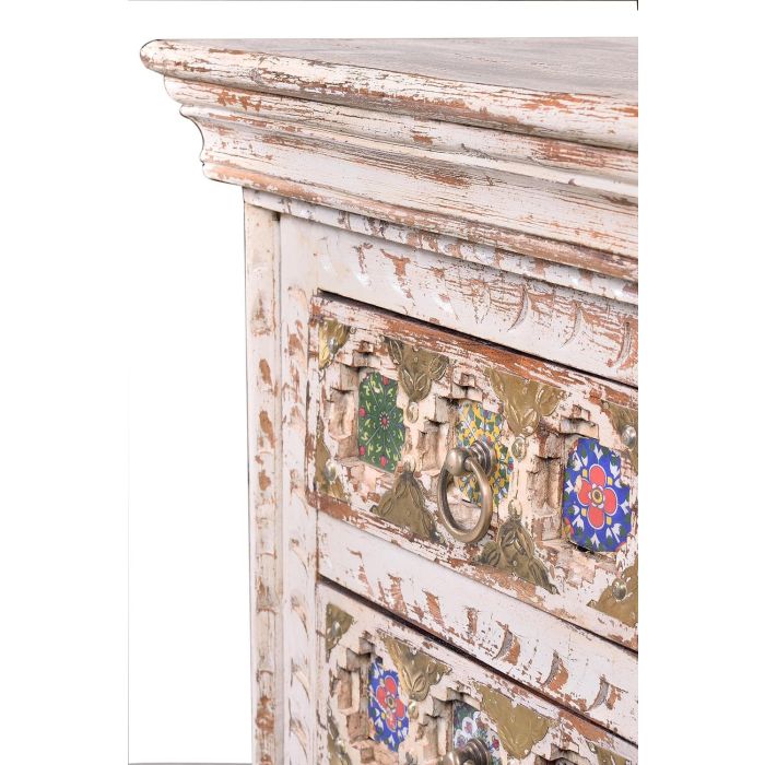 GINER Y COLOMER Table de nuit en bois de manguier avec incrustations de céramique et bronce, finition blanc vieilli, 3 tiroirs, 65 x 50 x 40 cm 5 GINER Y COLOMER Table de nuit en bois de manguier avec incrustations de céramique et bronce, finition blanc vieilli, 3 tiroirs, 65 x 50 x 40 cm 5