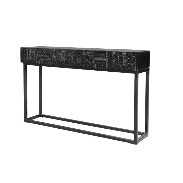 GINER Y COLOMER Meuble de réception en bois de manguier avec pattes métal noir, 2 tiroirs, sculptures artisanales, 76x120x30 cm 1 GINER Y COLOMER Meuble de réception en bois de manguier avec pattes métal noir, 2 tiroirs, sculptures artisanales, 76x120x30 cm 1