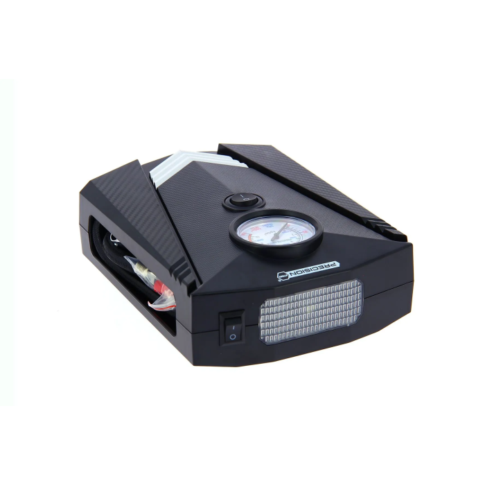 Precision Steel - Mini compresseur d'air 12V, 100W, 8 bars avec manomètre, embouts Presta, Schrader et aiguille, câble 3 m, torche LED Precision Steel - Mini compresseur d'air 12V, 100W, 8 bars avec manomètre, embouts Presta, Schrader et aiguille, câble 3 m, torche LED