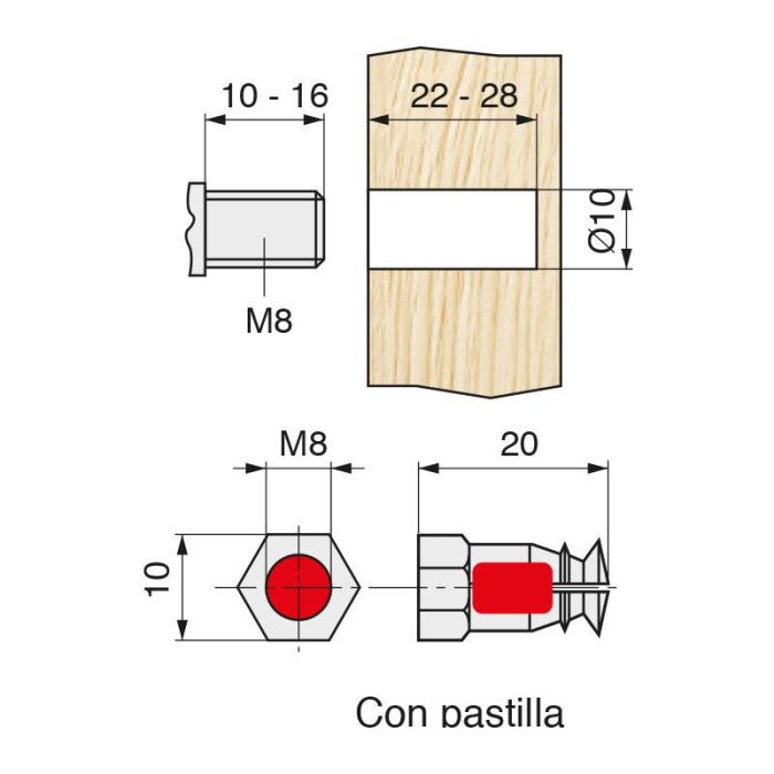 Tuerca Expansible Laton M8-20 Con Pastilla  Para Taladro 10Mm. Herrajes Alk 1