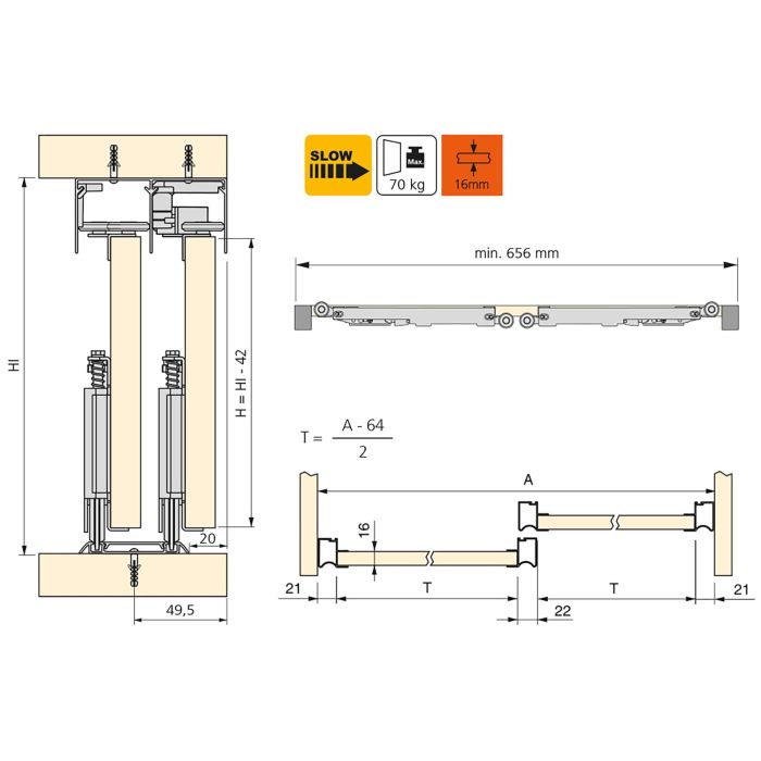 Emuca Kit de ferrures pour Placard 81 2 coulissants et fermeture souple, profilé Wave, épaisseur 16mm, panneaux non inclus, Anodisé mat 7
