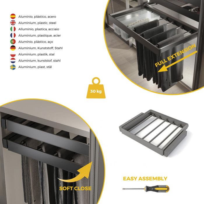 Emuca Kit de porte-pantalon à 7tringles et rack ajustable Quartz pour armoires, glissières extension totale et à fermeture douce, Module 60cm, Finition Titane 6