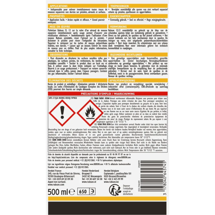 Rubson CL12 Aérosol nettoyant mousse expansive - 500 ml - Base acétone pour pistolets et surfaces Rubson CL12 Aérosol nettoyant mousse expansive - 500 ml - Base acétone pour pistolets et surfaces