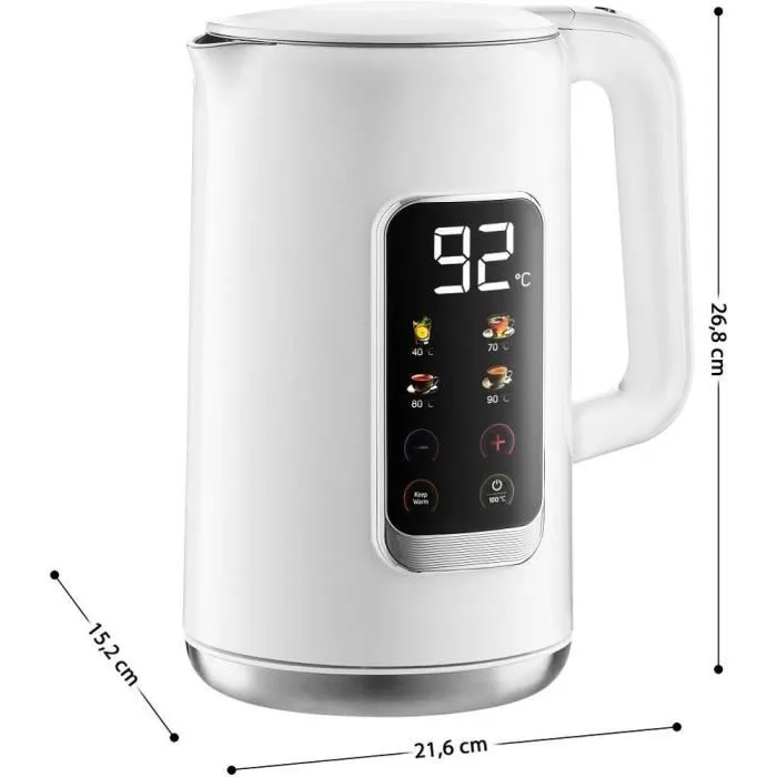 Sencor SWK 0950WH Bouilloire électrique 1.7 L 2200 W, réglage température 40-100°C, écran LED tactile, double paroi inox/plastique, triple sécurité et maintien au chaud