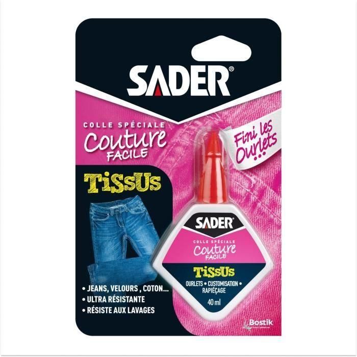 Colle textile - SADER - Tissus et textiles - Ourlets et customisation - Résiste aux lavages - Transparent - Flacon 40 ml