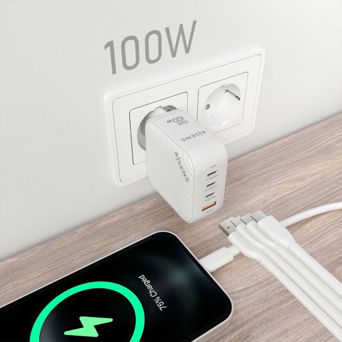 Chargeur mural Aisens ASCH-100W4P028-W Blanc 100 W (1 Unité) 1 Chargeur mural Aisens ASCH-100W4P028-W Blanc 100 W (1 Unité) 1