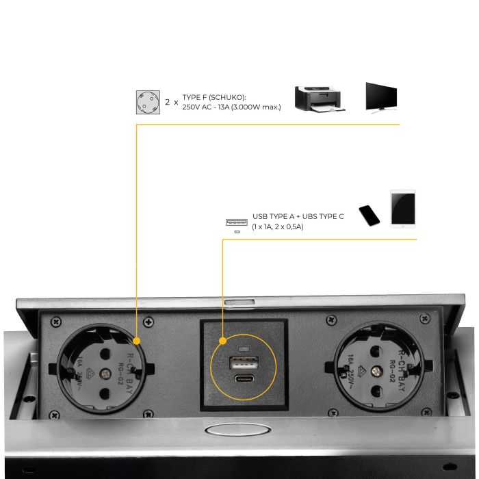 Emuca Multiconnecteur Atom 26 Lite pour bureau, 225x111mm, Peint en aluminium, Zamak et Acier et Plastique. 4