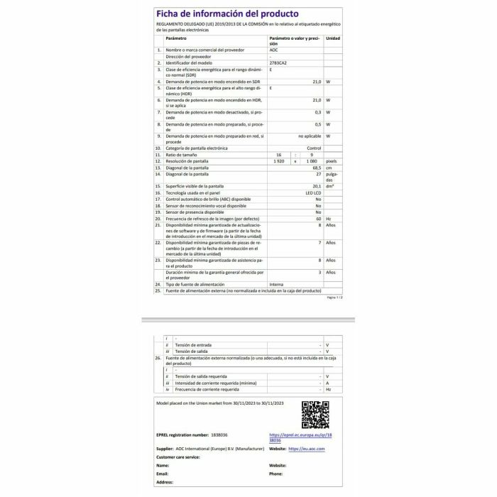 Monitor Gaming AOC 27B3CA2 27" Full HD 23