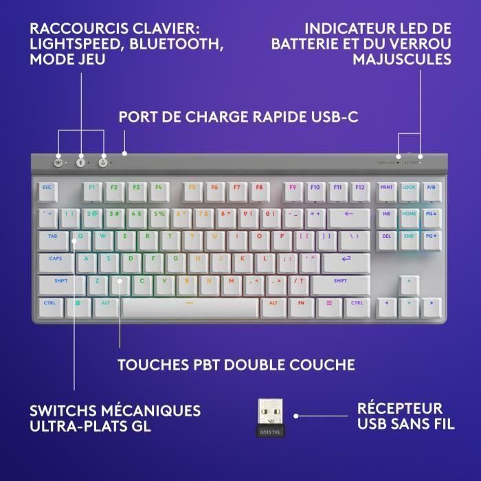 Clavier gamer - Sans fil - Logitech G - G515 TKL Lightspeed - AZERTY - Mécanique tactile - Rétroéclairé - Blanc 5 Clavier gamer - Sans fil - Logitech G - G515 TKL Lightspeed - AZERTY - Mécanique tactile - Rétroéclairé - Blanc 5