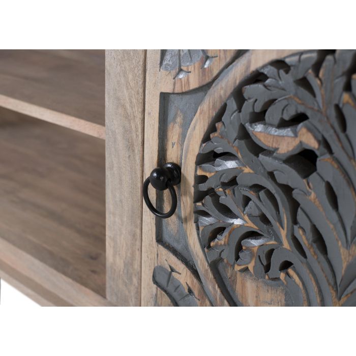 Mueble TV - Meuble téléviseur en bois de manguier avec 2 portes et 2 espaces, finition naturelle et bleue, ornement Arbre de Vie, dimensions détaillées 5